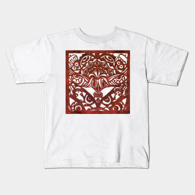 Watchers and Eyes Tangle Lino Cut Dark Red Monoprint Kids T-Shirt by Heatherian